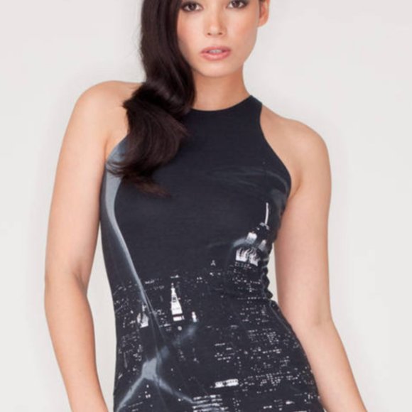 Motel Rocks Zoe Black Night Time City SkylineTank High Neck Bodycon Dress - Picture 2 of 2